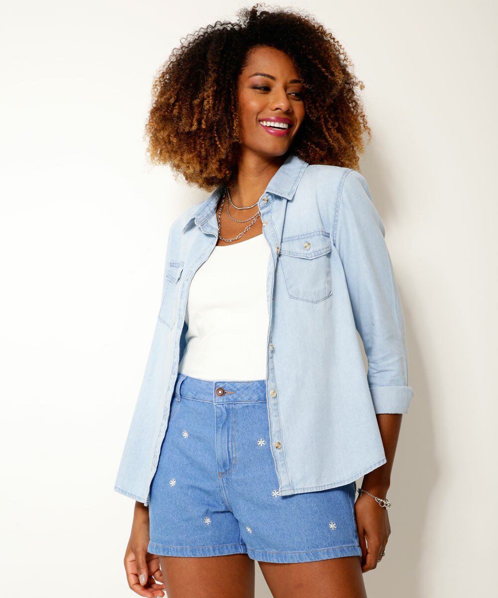 camisa feminina jeans bolsos manga longa marisa 10056536669 c1